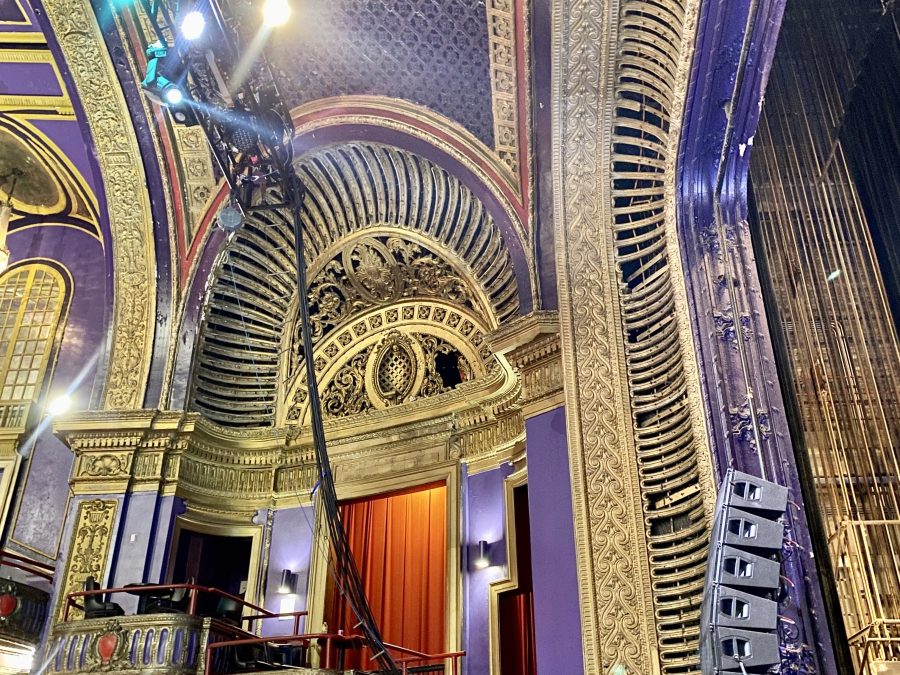 Art Deco cinema lobby with geometric ceiling detail